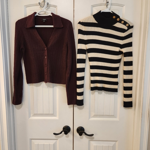Express Sweaters - Express Bundle:Deep Purple & Striped Cropped Sweaters with Long Sleeves, X-Small